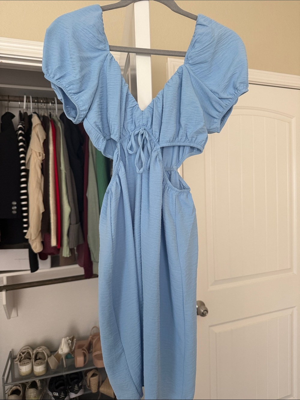 Light Blue Puff Sleeve Cutout mini dress